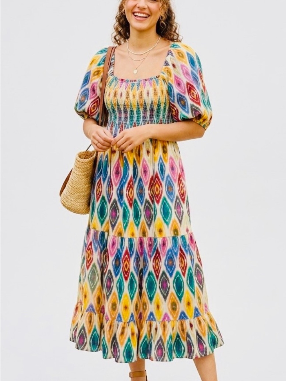 THML Anthropologie Womens Midi Dress Smocked Puff Sleeve Ikat Colorful Size S